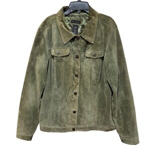 For Joseph Olive Green 100% Suede Leather Trucker Jacket Women XL Casual Grunge